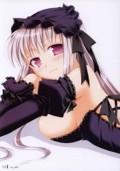 Rule 34 | 00s, 1girl, blush, breasts, hairband, large breasts, lolita hairband, long hair, looking at viewer, lying, no title, on stomach, rozen maiden, sasahiro, solo, suigintou