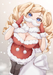 Rule 34 | 1girl, black pantyhose, blonde hair, blue eyes, breasts, capelet, christmas, dress, drill hair, fake facial hair, fake mustache, from above, fur-trimmed capelet, fur-trimmed dress, fur-trimmed gloves, fur trim, gloves, highres, honolulu (kancolle), kantai collection, koru pera, large breasts, long hair, official alternate costume, pantyhose, red capelet, red dress, red gloves, santa dress, santa gloves, sleeveless, sleeveless dress, solo, standing, twin drills, twintails