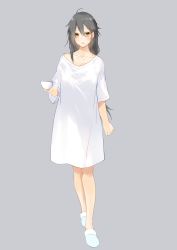Rule 34 | 1girl, ahoge, alternate costume, black hair, brown eyes, cup, full body, grey background, hair between eyes, hair ornament, hairclip, haruna (kancolle), highres, holding, holding cup, kantai collection, kyougoku touya, long hair, messy hair, shirt, simple background, slippers, solo, white footwear, white shirt