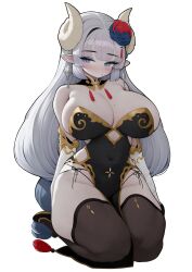 Rule 34 | 1girl, bare shoulders, blue eyes, blush, breasts, cleavage, clothing cutout, covered navel, detached collar, earrings, elbow gloves, flower, gloves, grey hair, hair flower, hair ornament, highres, hime cut, hip vent, horns, jewelry, kneeling, large breasts, long hair, looking to the side, mole, mole on breast, original, pelvic curtain, pointy ears, rabbit (wlsdnjs950), sheep horns, simple background, skindentation, stomach cutout, thighhighs, white background, white gloves