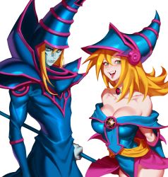 Rule 34 | 1boy, 1girl, absurdres, arms behind back, bare shoulders, blonde hair, blue eyes, blue headwear, blush, bright pupils, choker, closed mouth, collarbone, colored skin, dark magician, dark magician girl, facial mark, gold choker, green eyes, green skin, hair between eyes, highres, holding, holding staff, holding weapon, long hair, looking at viewer, off shoulder, open mouth, pentagram, smile, staff, teeth, tongue, weapon, white pupils, witch, wizard, yu-gi-oh!, zelus