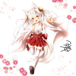 Rule 34 | 1girl, :d, animal ear fluff, animal ears, armpits, bell, breasts, commentary request, detached sleeves, fang, floral background, fox ears, fox tail, full body, hair bell, hair ornament, hakama, hakama short skirt, hakama skirt, japanese clothes, jingle bell, kohaku (yua), large breasts, long hair, looking at viewer, nontraditional miko, open mouth, orange eyes, original, outstretched arm, red skirt, ribbon-trimmed legwear, ribbon-trimmed sleeves, ribbon-trimmed thighhighs, ribbon trim, shirt, signature, skirt, smile, solo, tail, thighhighs, twintails, white hair, white shirt, white thighhighs, wide sleeves, yua (checkmate)