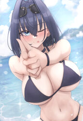 Rule 34 | 1girl, :p, absurdres, bikini, black-framed eyewear, black bikini, black choker, blue eyes, blue hair, blush, breasts, choker, commentary, day, double finger gun, dutch angle, eyewear on head, finger gun, hair between eyes, hair intakes, highres, hololive, hololive english, horizon, large breasts, lens flare, mofu07519, navel, ocean, one eye closed, ouro kronii, outdoors, pointing, pointing at viewer, short hair, solo, stomach, string bikini, sunglasses, swimsuit, tongue, tongue out, virtual youtuber