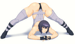Rule 34 | 1girl, absurdres, ass, black footwear, black gloves, bob cut, boots, closed mouth, dyun, fingerless gloves, full body, ghost in the shell, gloves, grey leotard, grey thighhighs, hair between eyes, highleg, highleg leotard, highres, inverted bob, jack-o&#039; challenge, kusanagi motoko, leotard, looking at viewer, muscular, muscular female, own hands together, purple hair, red eyes, simple background, smile, solo, thighhighs, top-down bottom-up, white background