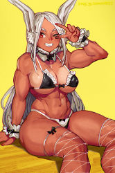 Rule 34 | 1girl, abs, arm support, artist name, bikini, black bikini, boku no hero academia, bow, bow panties, bowtie, bra, breasts, covered erect nipples, dark-skinned female, dark skin, dated, detached collar, female focus, fingernails, fishnet thighhighs, fishnets, frilled bra, frills, highleg, highleg panties, highres, keigi, large breasts, long fingernails, long hair, looking to the side, maid, maid bikini, mirko, muscular, muscular arms, muscular female, muscular legs, nail polish, navel, one eye closed, panties, rabbit ears, rabbit girl, red eyes, red nails, shiny skin, simple background, sitting, smile, solo, swimsuit, teeth, thigh strap, thighhighs, thighs, unconventional maid, underboob, underwear, v, v over eye, very long hair, watermark, white hair, wink, frilled wristband, yellow background