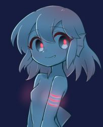 Rule 34 | 1girl, animal ears, blue background, blue eyes, blue hair, blue sclera, blue skin, blush, breasts, closed mouth, colored sclera, colored skin, fang, fang out, filet (kai himo), fins, gills, glowing, gradient hair, head fins, kai himo, looking at viewer, monster girl, multicolored hair, nude, original, pink hair, red pupils, simple background, small breasts, smile, solo, tail, upper body
