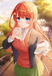 1girl, absurdres, ahoge, bangs, black jacket, blazer, blue eyes, blush, breasts, closed mouth, collared shirt, cowboy shot, eyebrows visible through hair, fingers together, go-toubun no hanayome, green skirt, hair ornament, highres, jacket, long hair, long sleeves, looking at viewer, medium breasts, multicolored, multicolored background, nakano itsuki, open clothes, open jacket, pleated skirt, pov, red hair, school uniform, shirt, signature, skirt, smile, solo, star (symbol), star hair ornament, steepled fingers, sweater vest, tareme, very long hair, yukiunag1