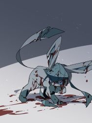 Rule 34 | animal focus, black eyes, blood, blood from mouth, blood on face, blue sclera, colored sclera, crack, creatures (company), cuts, full body, game freak, gen 4 pokemon, glaceon, grey background, grin, highres, iie efg, injury, jaggy lines, looking at viewer, muted color, nintendo, no humans, notched ear, pokemon, pokemon (creature), sharp teeth, simple background, smile, solo, standing, teeth, two-tone background, wiping mouth