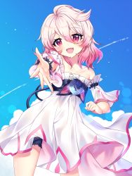 Rule 34 | 1girl, :d, bare shoulders, black dress, black shorts, blue background, blush, brooch, child (elsword), contrail, cowboy shot, day, detached sleeves, diffraction spikes, dress, elsword, gradient hair, hair between eyes, highres, jewelry, laby (elsword), looking at viewer, multicolored hair, open mouth, outstretched hand, pink eyes, pink hair, sharp teeth, short hair, shorts, sky, smile, solo, teeth, white hair, white sleeves, xes (xes 5377)