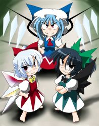 Rule 34 | &gt;:), &gt;:3, 3girls, :3, barefoot, black hair, black wings, blue hair, bow, chibi, cirno, cosplay, female focus, flandre scarlet, hair bow, hat, if they mated, kieyza, mob cap, multiple girls, mystic square, red eyes, reiuji utsuho, shinki (touhou), smile, touhou, touhou (pc-98), v-shaped eyebrows, wings