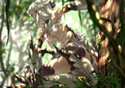 Rule 34 | 1girl, claw (weapon), day, elbow gloves, fate/grand order, fate (series), gloves, highres, knee pads, looking away, muscular, muscular female, on one knee, outdoors, penthesilea (fate), solo, sword, tree, tsuuhan, weapon, white hair