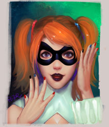 Rule 34 | 1girl, artist name, batman (series), black nails, blue nails, dc comics, harley quinn, lips, lipstick, looking at viewer, makeup, nail polish, open mouth, orange hair, peter xiao, purple eyes, red nails, solo, twintails, upper body