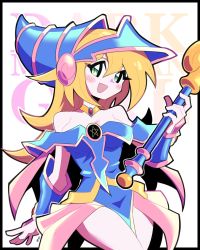 Rule 34 | 1girl, :d, artsy-rc, bare shoulders, blonde hair, blue dress, blue hat, blush stickers, bracer, breasts, cowboy shot, dark magician girl, dress, green eyes, hair between eyes, hat, highres, holding, large breasts, long hair, looking at viewer, open mouth, outline, pelvic curtain, pentacle, signature, slit pupils, smile, solo, wand, white outline, yu-gi-oh!
