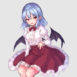 Rule 34 | 1girl, :d, alternate costume, arm at side, bat wings, blue hair, blush, breasts, center frills, feet out of frame, frilled skirt, frills, grey background, high-waist skirt, highres, invisible chair, junior27016, long sleeves, looking at viewer, medium breasts, medium hair, medium skirt, neck ribbon, open mouth, pointy ears, red eyes, red ribbon, remilia scarlet, ribbon, shirt, simple background, sitting, sketh, skirt, smile, solo, touhou, tsurime, white shirt, wings