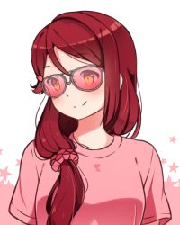 Rule 34 | 10s, 1girl, aviator sunglasses, blush, hair ornament, hair over shoulder, hair scrunchie, kaxukin, long hair, looking to the side, love live!, love live! sunshine!!, low-tied long hair, pink-tinted eyewear, pink-tinted glasses, pink shirt, red hair, sakurauchi riko, scrunchie, shirt, smile, solo, star (symbol), starry background, sunglasses, t-shirt, tinted eyewear, upper body, yellow eyes