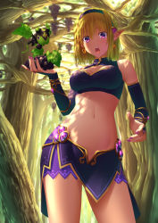 Rule 34 | 1girl, bad id, bad pixiv id, blonde hair, breasts, bridal gauntlets, cleavage cutout, clothing cutout, cowboy shot, creature, crop top, dappled sunlight, detached sleeves, earrings, elf, ese shinshi, fantasy, fingernails, food, food-themed hair ornament, from below, fruit, grapes, hair ornament, hairband, highres, holding, holding food, holding fruit, jewelry, leaf, looking at viewer, medium breasts, midriff, miniskirt, nail polish, navel, open mouth, original, outdoors, plant, pointy ears, purple eyes, purple nails, revealing clothes, short hair, skirt, sleeveless, solo, standing, sunlight, t thekey