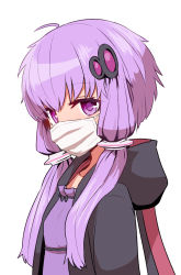 Rule 34 | 1girl, animal hood, rabbit hood, dress, hair ornament, hood, hooded jacket, hoodie, jacket, looking at viewer, mouth mask, open clothes, open hoodie, purple dress, purple eyes, purple hair, short hair with long locks, sidelocks, simple background, solo, sumiyao (amam), surgical mask, upper body, vocaloid, voiceroid, white background, yuzuki yukari