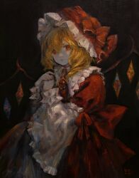 Rule 34 | 1girl, absurdres, alternate costume, alternate headwear color, artist name, black background, blonde hair, bow, brooch, closed mouth, commentary, crystal, dress, english commentary, flandre scarlet, frilled shirt collar, frilled sleeves, frills, hair between eyes, hands up, hat, hat bow, highres, jewelry, looking at viewer, lossy-lossless, medium hair, mob cap, oil painting (medium), own hands together, painting (medium), photo (medium), puffy sleeves, red bow, red dress, red eyes, red hat, red nails, red ribbon, ribbon, signature, solo, svveetberry, touhou, traditional media, wide sleeves, wings