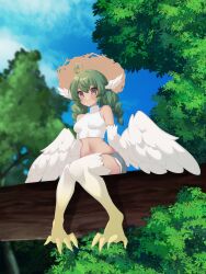 Rule 34 | 1girl, absurdres, ahoge, bare shoulders, birb (niniidawns), bird legs, blush, braid, breasts, brown eyes, commentary, commission, english commentary, feathered wings, feathers, green hair, hair between eyes, harpy, hat, head wings, heart, heart ahoge, highres, long hair, monster girl, navel, original, outdoors, samalilia, sitting on branch, small breasts, solo, straw hat, talons, tree, twin braids, white feathers, white wings, wide hips, wing ears, winged arms, wings