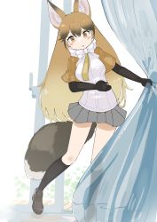 Rule 34 | 1girl, absurdres, animal ears, black gloves, black socks, blouse, blush, bow, bowtie, brown hair, brown socks, commentary request, elbow gloves, extra ears, fox ears, fox girl, fox tail, gloves, grey skirt, highres, iwa (iwafish), kemono friends, loafers, long hair, multicolored hair, necktie, orange hair, orange necktie, orange shirt, pleated skirt, red fox (kemono friends), shirt, shoes, short sleeves, skirt, socks, solo, tail, two-tone shirt, white bow, white bowtie, white shirt, yellow eyes