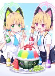 Rule 34 | 2girls, :d, absurdres, animal ear headphones, animal ears, black shorts, black skirt, blonde hair, blue archive, blue bow, blue necktie, bottle, bow, closed mouth, collared shirt, commentary request, dress shirt, fake animal ears, food, fruit, fruit cup, green eyes, hair bow, halo, hand up, hands up, harada (sansei rain), headphones, highres, holding, holding bottle, midori (blue archive), momoi (blue archive), multiple girls, necktie, open mouth, pleated skirt, purple eyes, red bow, shaved ice, shirt, short necktie, short shorts, short sleeves, shorts, siblings, sidelocks, sisters, skirt, smile, suspender skirt, suspenders, tail, twins, v, watermelon, watermelon slice, white shirt