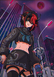 Rule 34 | 1girl, absurdres, beret, black hair, black hat, black sailor collar, black serafuku, black shirt, black skirt, black thighhighs, blue eyes, blue neckerchief, breasts, building, can, city, closed mouth, commentary, cowboy shot, crop top, demon girl, demon horns, ear piercing, english commentary, from below, hair between eyes, hair ornament, hat, highres, holding, holding can, horns, hunk (hunkxk), lamppost, long sleeves, looking at viewer, medium bangs, medium breasts, midriff, moon, multicolored hair, nanashi inc., navel, neckerchief, night, night sky, o-ring, o-ring thigh strap, official alternate costume, piercing, pointy ears, red hair, red moon, red nails, ryugasaki rene, ryugasaki rene (3rd costume), sailor collar, school uniform, serafuku, shirt, short hair, skirt, sky, skyscraper, solo, spiked thighlet, star (sky), starry sky, thigh strap, thighhighs, two-tone hair, underboob, virtual youtuber, x hair ornament