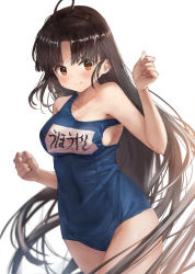 Rule 34 | 1girl, ahoge, bare arms, bare legs, bare shoulders, black hair, blue one-piece swimsuit, blush, brown eyes, closed mouth, cowboy shot, kantai collection, long hair, name tag, old school swimsuit, one-piece swimsuit, school swimsuit, shouhou (kancolle), simple background, smile, solo, swimsuit, toka (marchlizard), very long hair, white background