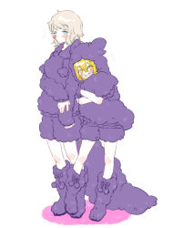 Rule 34 | 2girls, blonde hair, blue eyes, boots, don quixote (project moon), faust (project moon), full body, fur trim, highres, hood, hood down, jacket, limbus company, looking at viewer, multiple girls, open mouth, project moon, purple footwear, purple jacket, purple shorts, short hair, shorts, smile, uchimura (rino0525), white hair, yellow eyes