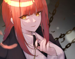 Rule 34 | 1girl, black jacket, black necktie, braid, braided ponytail, breasts, chain, chainsaw man, collared shirt, dress shirt, jacket, jacket on shoulders, large breasts, long hair, long sleeves, looking at viewer, makima (chainsaw man), necktie, parted lips, red hair, ringed eyes, ripcord, shirt, sidelocks, smile, solo, ura illust, white shirt, yellow eyes