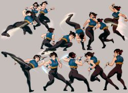 Rule 34 | 1girl, action, arm up, bare shoulders, black hair, black legwear, blue eyes, bodystocking, breasts, charging forward, clenched hands, crop top, dual wielding, facing away, fighting stance, flying kick, folded ponytail, grey background, hair ornament, hand up, holding, holding weapon, ichiren takushou, jumping, kicking, kunai, large breasts, looking away, looking to the side, motion lines, multiple views, muscular, ninja, no shoes, on one knee, original, outstretched arm, outstretched leg, reverse grip, rider kick, roundhouse kick, sash, sequential, sidelocks, simple background, slashing, sleeveless, squatting, tabi, toned, upside-down, weapon, wristband