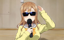 Rule 34 | 1girl, blush, bow, bowtie, brown hair, commentary request, grey sailor collar, hand up, highres, holding, holding microphone, indoors, kunikida hanamaru, long hair, love live!, love live! sunshine!!, microphone, open mouth, rin (ashleyy), sailor collar, shirt, sleeves past wrists, solo, sunglasses, syamu game, upper body, yellow bow, yellow bowtie, yellow shirt