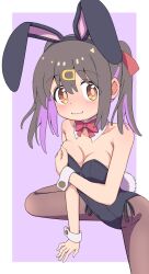 Rule 34 | 1girl, animal ears, bare arms, bare shoulders, black hair, black hairband, black leotard, blush, border, bow, bowtie, breasts, brown eyes, brown pantyhose, cleavage, collarbone, commentary, covering privates, covering breasts, fake animal ears, godyuurei, hair between eyes, hair ornament, hair ribbon, hairband, hairclip, highres, leotard, long hair, looking at viewer, medium breasts, multicolored hair, onii-chan wa oshimai!, oyama mihari, pantyhose, playboy bunny, purple background, purple hair, rabbit ears, red bow, red bowtie, red ribbon, ribbon, simple background, sitting, solo, twintails, two-tone hair, wavy mouth, white border, wrist cuffs