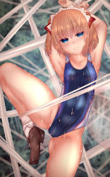 Rule 34 | 1girl, arm up, blonde hair, blue eyes, blue one-piece swimsuit, bow, breasts, brown footwear, closed mouth, collarbone, commission, competition swimsuit, fairy, fairy wings, highres, looking at viewer, mary janes, one-piece swimsuit, orange hair, pixiv commission, restrained, revision, shoes, short hair, shounen (hogehoge), silk, small breasts, smile, spider web, suggestive fluid, sunny milk, sweat, swimsuit, touhou, wings