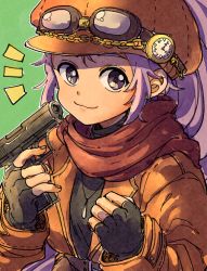 Rule 34 | 1girl, arc s0222, arc the lad, clock, closed mouth, commentary request, fingerless gloves, gloves, gun, handgun, hat, jewelry, kukuru (arc the lad), long hair, looking at viewer, necklace, purple eyes, purple hair, smile, solo, weapon