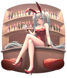 Rule 34 | 1girl, absurdres, alcohol, alternate costume, animal ears, aqua eyes, aqua hair, artist name, ayayayume, bar (place), bare legs, bare shoulders, breasts, brown pantyhose, cleavage, collarbone, counter, crossed legs, cup, drinking glass, fake animal ears, full body, hair between eyes, hatsune miku, high heels, highres, leotard, long hair, looking at viewer, medium breasts, pantyhose, pillow, playboy bunny, pumps, rabbit ears, red footwear, red leotard, shoes, sitting, smile, solo, sparkle, stiletto heels, strapless, strapless leotard, twintails, very long hair, vocaloid, wine, wine glass, wrist cuffs