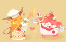 :3 animal_focus animal_hands berry bow bowtie character-themed_food chef_hat creatures_(company) cup cupcake food fruit game_freak gem gen_1_pokemon gen_6_pokemon gengar green_gemstone hat heart holding holding_plate looking_at_viewer macaron mega_gengar mega_pokemon nintendo no_humans orange_fur pastry_bag pink_bow pink_bowtie pink_eyes pink_hair plate pokemon pokemon_(creature) raichu simple_background slurpuff strawberry strawberry_slice sukinadake teacup teapot tongue tongue_out white_fur yellow_background yellow_bow yellow_bowtie yellow_fur