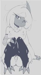 Rule 34 | 1girl, :3, absol, animal hands, animal nose, arm at side, bob cut, body fur, breasts, breasts apart, bridal legwear, cleft of venus, closed mouth, creatures (company), detached sleeves, fang, fang out, feet, female focus, fir3born, fishnet sleeves, fishnets, furry, furry female, game freak, gen 3 pokemon, grey background, grey theme, half-closed eyes, hand on own knee, happy, head tilt, highres, horns, knees together feet apart, lineart, long sleeves, looking at viewer, medium breasts, messy hair, neck fur, nintendo, nipples, nude, personification, pokemon, pokemon (creature), pussy, shiny clothes, short hair, sidelocks, simple background, single detached sleeve, single horn, sketch, smile, solo, thighhighs, uncensored