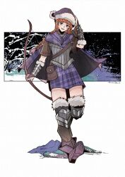 1girl armor boots bow_(weapon) cape commentary full_body gauntlets green_eyes hat herheim highres holding holding_bow_(weapon) holding_weapon open_mouth orange_hair plaid_clothes plaid_skirt pouch purple_cape purple_hat purple_skirt skirt smile solo teeth unicorn_overlord upper_teeth_only weapon winter yunifi_(unicorn_overlord)