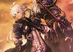 Rule 34 | 2boys, ahoge, alphinaud leveilleur, armor, black gloves, blue eyes, closed mouth, dragoon (final fantasy), dutch angle, earrings, elezen, elf, estinien varlineau, facing away, final fantasy, final fantasy xiv, full armor, gauntlets, gloves, holding, holding weapon, jewelry, long hair, looking at viewer, mihira (tainosugatayaki), multiple boys, pointy ears, shoulder armor, standing, sunset, weapon, white hair