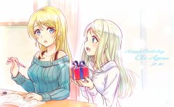 Rule 34 | 10s, 2girls, :d, :o, ayase alisa, ayase eli, blonde hair, blue eyes, box, bra strap, character name, commentary request, dated, eraser, gift, gift box, hair down, happy birthday, homework, hood, hood down, long hair, long sleeves, looking at another, love live!, love live! school idol festival, love live! school idol project, mechanical pencil, multiple girls, off-shoulder, off-shoulder sweater, open mouth, pencil, ribbed sweater, siblings, sisters, sitting, smile, sweater, wedo