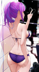 Rule 34 | 1girl, absurdres, ahoge, ass, back, bare arms, bare back, bare shoulders, bikini, blue hair, blunt bangs, breasts, butt crack, cowboy shot, cqingwei, cropped, from behind, glass writing, heart, hidden face, highres, hololive, indoors, long hair, medium breasts, minato aqua, multicolored hair, night, ponytail, purple bikini, purple hair, shoulder blades, sideboob, sidelocks, solo, streaked hair, swimsuit, two-tone hair, virtual youtuber, water, wet, window