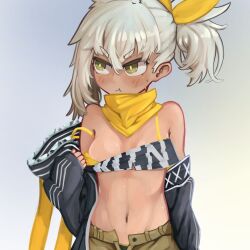 Rule 34 | 1girl, :t, absurdres, animal hood, bandana, bandeau, bandeau pull, black bandeau, black jacket, black sleeves, blush, breasts, brown shorts, commentary, dark-skinned female, dark skin, detached sleeves, english commentary, facing viewer, girls&#039; frontline, green eyes, grey background, grey hair, highres, hood, jacket, klin (girls&#039; frontline), looking away, mrbongson, navel, off shoulder, open clothes, open shorts, ponytail, pout, pulled by self, rabbit hood, ribbon, shorts, simple background, sleeveless, sleeveless jacket, small breasts, solo, sweatdrop, v-shaped eyebrows, yellow bandana, yellow ribbon