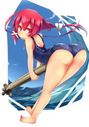 Rule 34 | 1girl, ass, barefoot, blue one-piece swimsuit, blue sky, from behind, gradient sky, highres, i-168 (kancolle), kantai collection, long hair, looking at viewer, looking back, ocean, one-piece swimsuit, ponytail, red eyes, red hair, school swimsuit, sky, solo, standing, swimsuit, tongue, tongue out, torpedo, unomi, waves