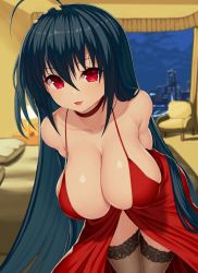 Rule 34 | 1girl, ahoge, arms behind back, asamura hiori, azur lane, bent over, black hair, black thighhighs, blurry, blurry background, breasts, choker, cleavage, collarbone, cowboy shot, depth of field, dress, fang, hair between eyes, highres, indoors, large breasts, long hair, looking at viewer, official alternate costume, red dress, red eyes, smile, solo, strap gap, taihou (azur lane), taihou (forbidden feast) (azur lane), thighhighs