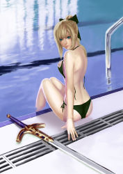 Rule 34 | 00s, 1girl, absurdres, alternate costume, aqua eyes, artoria pendragon (all), artoria pendragon (fate), ass, back, bare back, bikini, black bikini, blonde hair, bow, breast suppress, caliburn (fate), capcom, fate/stay night, fate/unlimited codes, fate (series), from behind, hair bow, highres, jiemaowanwan, looking at viewer, looking back, pool, pool ladder, poolside, reflection, saber (fate), saber lily, side-tie bikini bottom, sitting, soaking feet, solo, swimsuit, sword, untied, water, weapon