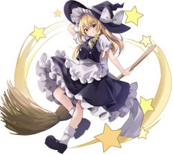 Rule 34 | 1girl, :d, absurdres, apron, arm up, back bow, black footwear, black skirt, black vest, blonde hair, bow, braid, breasts, broom, buttons, commentary request, frills, full body, green bow, hat, hat bow, highres, hyurasan, kirisame marisa, leg up, long hair, looking at viewer, mary janes, open mouth, petticoat, puffy short sleeves, puffy sleeves, shoes, short sleeves, simple background, single braid, skirt, small breasts, smile, solo, star (symbol), teeth, touhou, vest, white background, white bow, white legwear, witch hat, yellow eyes