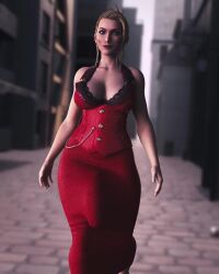 Rule 34 | 1girl, 20s, 3d, animated, black bra, blender (medium), blonde hair, blue eyes, bra, breasts, building, bulge, cleavage, covered penis, day, dress, erection, erection under clothes, eyeshadow, final fantasy, final fantasy vii, final fantasy vii remake, futanari, highres, lace, lace-trimmed bra, lace trim, large breasts, large penis, large testicles, long dress, looking at viewer, looping animation, makeup, medium hair, outdoors, penis, red dress, red lips, road, satin, satin dress, scarlet (ff7), sleeveless, sleeveless dress, smirk, solo, square enix, straight hair, street, swinging, swinging penis, testicles, tiltproofno, underwear, video, walking, wide hips
