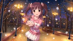 Rule 34 | 10s, 1girl, :d, bare tree, bench, blush, brown eyes, brown hair, highres, idolmaster, idolmaster cinderella girls, idolmaster cinderella girls starlight stage, jewelry, looking at viewer, necklace, night, night sky, ogata chieri, open mouth, pantyhose, skirt, sky, smile, snow, snowflakes, snowing, solo, sunset, tree, twintails