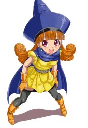 Rule 34 | 1girl, alena (dq4), breasts, cape, curly hair, dragon quest, dragon quest iv, dress, earrings, gloves, hat, highres, jewelry, long hair, looking at viewer, open mouth, orange hair, pantyhose, red eyes, simple background, sincos, skirt, smile, solo, white background