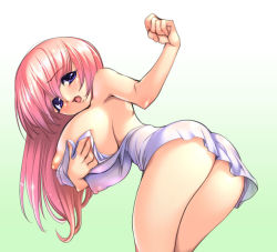 Rule 34 | 1girl, ass, bad anatomy, blue eyes, blush, breast hold, breasts, gunner-l, huge breasts, leaning forward, long hair, looking back, open mouth, pink hair, puffy nipples, solo